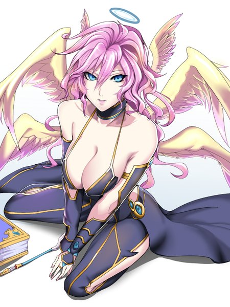 Anime picture 1200x1600 with puzzle & dragons metatron (p&d) kumiko shiba single long hair tall image looking at viewer fringe breasts blue eyes light erotic simple background large breasts white background bare shoulders pink hair lipstick pink lipstick head wings girl