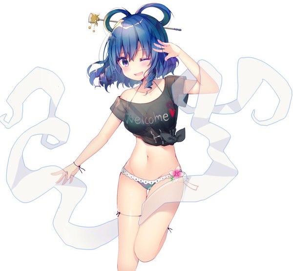 Anime picture 1043x966 with touhou kaku seiga hecatia lapislazuli koto seori single looking at viewer blush short hair open mouth light erotic simple background white background purple eyes blue hair one eye closed arm up groin drill hair leg lift (legs lift) ;d