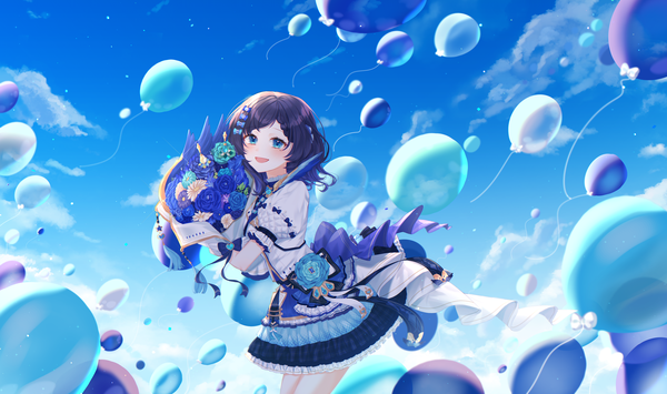 Anime picture 3654x2163 with virtual youtuber nijisanji aiba uiha h4m (nacho0101) single highres short hair open mouth blue eyes black hair wide image looking away absurdres sky cloud (clouds) :d girl flower (flowers) bouquet balloon