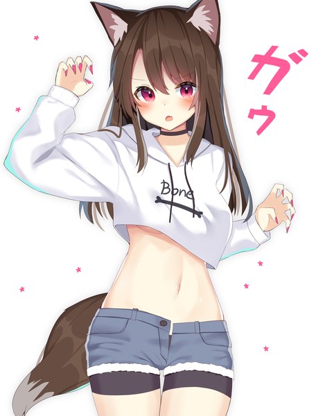 Anime picture 1142x1500 with original mizuki ryuu single long hair tall image looking at viewer blush fringe breasts open mouth light erotic simple background hair between eyes red eyes brown hair standing white background animal ears payot tail