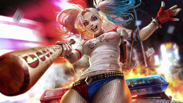 Anime picture 1920x1080 with batman suicide squad dc comics harley queen dcwj single long hair looking at viewer highres breasts open mouth blue eyes light erotic blonde hair smile wide image sitting twintails holding signed
