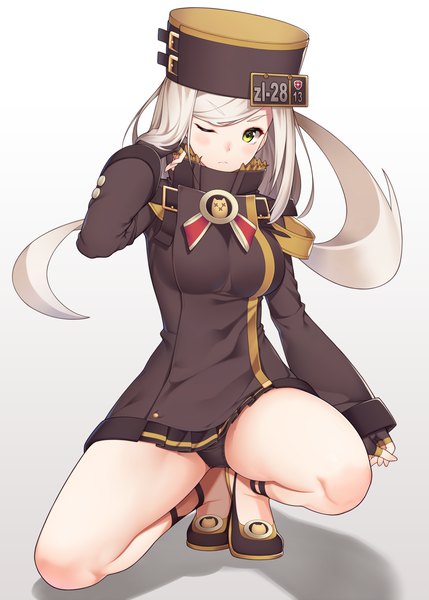 Anime picture 1000x1399 with guilty gear millia rage ray-akila single long hair tall image looking at viewer blush light erotic simple background green eyes full body white hair one eye closed wink gradient background adjusting hair squat girl skirt