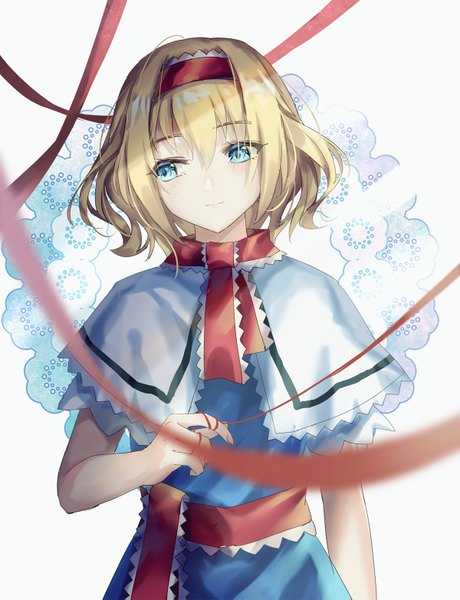 Anime picture 1200x1563 with touhou alice margatroid hichou single tall image fringe short hair blue eyes blonde hair hair between eyes white background looking away upper body head tilt girl ribbon (ribbons) hairband