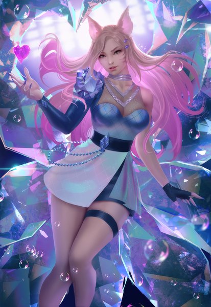 Anime picture 3022x4388 with league of legends k/da (league of legends) ahri (league of legends) the baddest ahri zarory single long hair tall image looking at viewer fringe highres breasts blonde hair large breasts standing animal ears pink hair absurdres tail nail polish