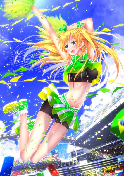 Anime picture 1102x1560 with original world cup 2014 fifa world cup swordsouls single long hair tall image blush open mouth blue eyes blonde hair sky cloud (clouds) full body midriff jumping cheerleader girl skirt navel