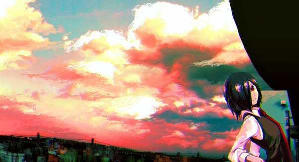 Anime picture 1000x543 with tokyo ghoul studio pierrot kirishima touka meola single looking at viewer fringe short hair black hair red eyes wide image sky cloud (clouds) hair over one eye city cityscape girl shirt necktie vest