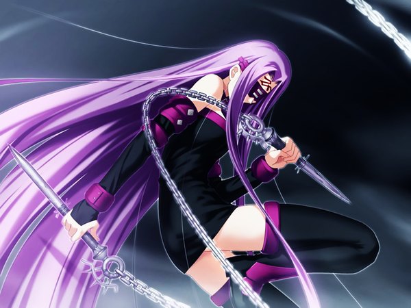 Anime picture 1600x1200 with fate (series) fate/stay night studio deen type-moon rider purple hair very long hair thighhighs weapon black thighhighs detached sleeves chain