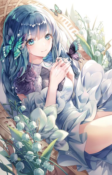 Anime picture 800x1253 with original develop2 single long hair tall image blush fringe blue eyes smile blue hair looking away blunt bangs braid (braids) twin braids reclining hands clasped girl dress hair ornament flower (flowers)