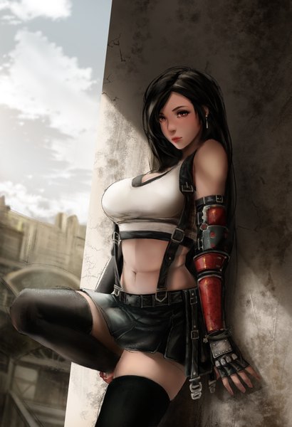 Anime picture 2395x3500 with final fantasy final fantasy vii final fantasy vii remake square enix tifa lockhart august ice single long hair tall image highres black hair red eyes standing bare shoulders sky cloud (clouds) bent knee (knees) outdoors lips realistic
