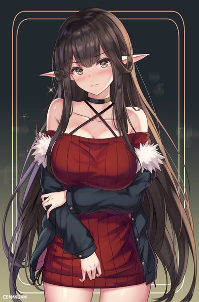 Anime picture 694x1050 with fate (series) fate/apocrypha semiramis (fate) cenangam single long hair tall image looking at viewer blush fringe breasts light erotic simple background brown hair large breasts standing bare shoulders brown eyes signed payot