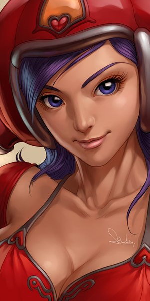 Anime picture 500x1000 with original pepper project artgerm (stanley lau) single tall image short hair purple eyes signed looking away cleavage purple hair light smile realistic portrait close-up girl helmet