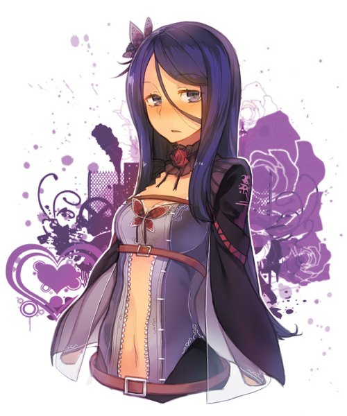 Anime picture 1249x1500 with original hitoshi single long hair tall image fringe open mouth white background purple eyes looking away cleavage purple hair alternate costume girl navel hair ornament flower (flowers) choker belt heart