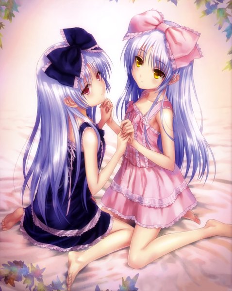 Anime picture 1920x2408 with angel beats! hibiki no mahou key (studio) tachibana kanade shiiraasan goto p long hair tall image blush highres red eyes multiple girls yellow eyes silver hair white hair barefoot scan official art holding hands girl