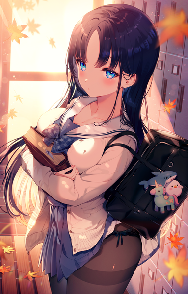Anime picture 3217x5034 with original kat (bu-kunn) single long hair tall image looking at viewer blush fringe highres breasts blue eyes light erotic black hair large breasts standing holding absurdres long sleeves sunlight skirt lift
