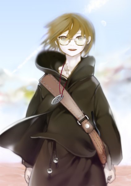 Anime picture 1240x1754 with original nadajima single tall image looking at viewer short hair open mouth brown hair standing sky cloud (clouds) wind girl glasses jacket pendant hood bag
