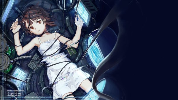 Anime picture 1920x1080 with serial experiments lain iwakura lain toto (vanilla) single fringe highres short hair brown hair wide image brown eyes indoors lying on back wallpaper copyright name flat chest ripples girl dress water