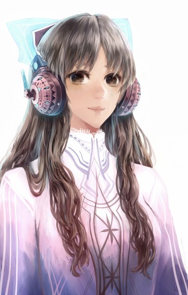 Anime picture 768x1200 with original bounin single long hair tall image looking at viewer simple background smile brown hair white background brown eyes girl headphones blouse