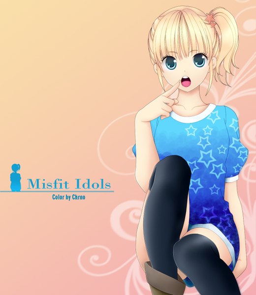 Anime picture 1200x1385 with misfit idols (manga) lchrno single tall image looking at viewer short hair open mouth blue eyes blonde hair side ponytail finger to mouth girl thighhighs black thighhighs