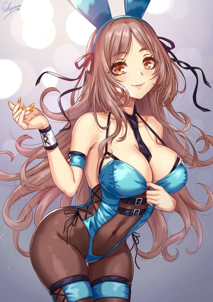 Anime picture 1500x2121 with original sakiyamama single long hair tall image looking at viewer blush fringe breasts light erotic simple background smile brown hair large breasts standing brown eyes signed animal ears cleavage nail polish