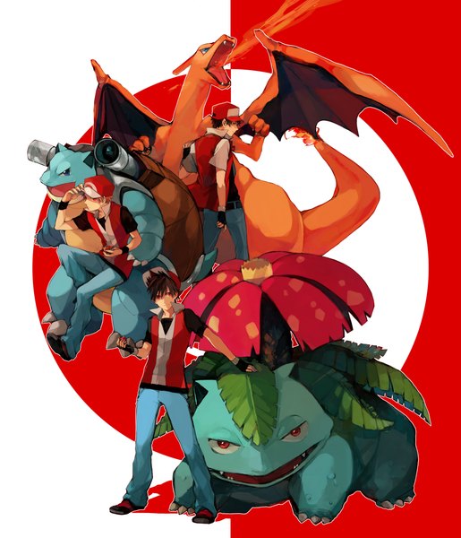 Anime picture 2000x2330 with pokemon nintendo red (pokemon) charizard venusaur blastoise lupicam tall image highres short hair black hair smile red eyes brown hair sitting profile from behind multiple boys gen 1 pokemon boy