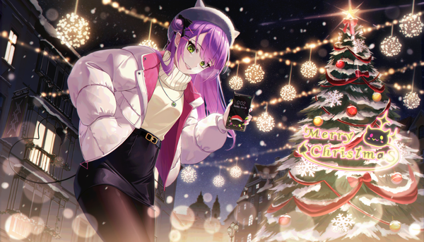 Anime picture 5670x3240 with virtual youtuber hololive tokoyami towa bibi (tokoyami towa) star-ring single long hair looking at viewer highres wide image green eyes absurdres purple hair outdoors open jacket leaning leaning forward lens flare christmas hand in pocket