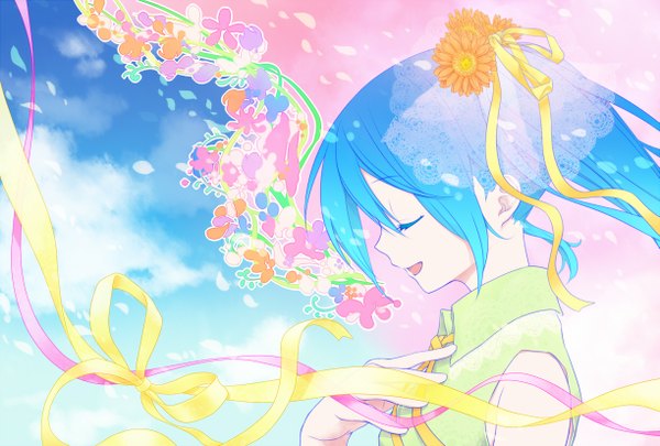 Anime picture 1223x826 with vocaloid hatsune miku single long hair open mouth blue hair eyes closed hair flower girl hair ornament flower (flowers) ribbon (ribbons) hair ribbon petals