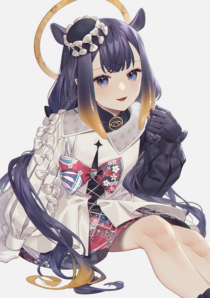 Anime picture 1131x1600 with virtual youtuber hololive hololive english ninomae ina'nis ninomae ina'nis (3rd costume) wenz single long hair tall image looking at viewer fringe blue eyes simple background white background sitting twintails animal ears pointy ears mole mole under eye