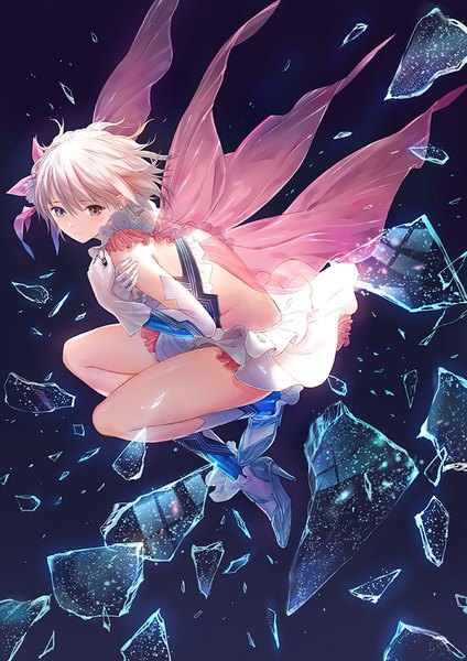 Anime picture 679x960 with blue reflection gust (company) shirai hinako kishida mel single tall image looking at viewer fringe short hair blue eyes blonde hair simple background hair between eyes red eyes full body bent knee (knees) high heels heterochromia reflection dark background