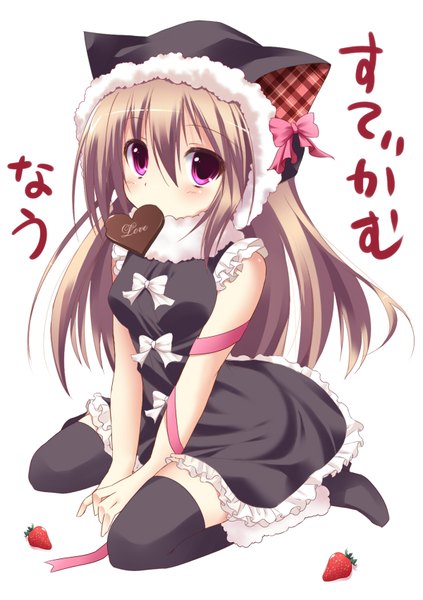 Anime picture 1200x1700 with marotti long hair tall image brown hair white background sitting animal ears pink eyes loli mouth hold girl thighhighs black thighhighs food headdress sweets chocolate