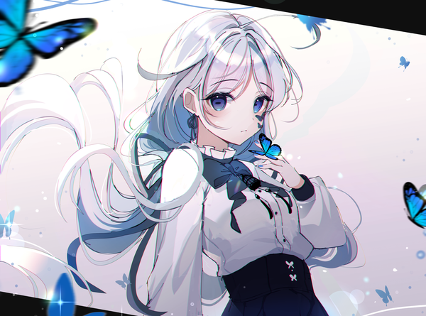 Anime picture 3656x2712 with original hyeya single long hair looking at viewer blush fringe highres blue eyes simple background twintails absurdres silver hair ahoge nail polish fingernails blurry sparkle low twintails facial mark