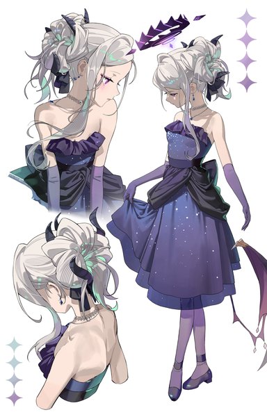 Anime picture 3328x5203 with blue archive hina (blue archive) hina (dress) (blue archive) sssong aa long hair tall image highres simple background white background purple eyes absurdres silver hair profile hair bun (hair buns) official alternate costume multiview low wings girl dress gloves