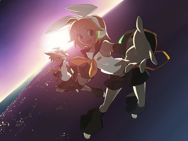 Anime picture 1024x768 with vocaloid kagamine rin kagamine len tsuru (artist) sky outstretched arm city holding hands flying girl hands