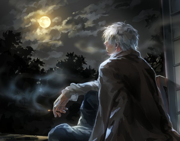 Anime picture 1000x787 with mushishi ginko jane mere single short hair looking away sky cloud (clouds) white hair night smoke smoking boy plant (plants) tree (trees) jacket moon pants full moon cigarette