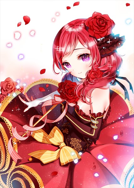 Anime picture 700x984 with love live! school idol project sunrise (studio) love live! nishikino maki rarumi single long hair tall image looking at viewer blush purple eyes bare shoulders red hair hair flower light smile from above sparkle outstretched arm girl dress