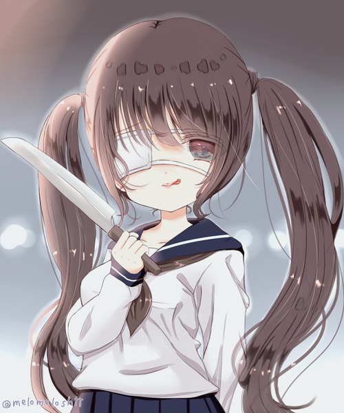 Anime picture 1500x1800 with original aririn single long hair tall image looking at viewer fringe simple background hair between eyes brown hair twintails holding signed payot grey background grey eyes twitter username :p empty eyes yandere
