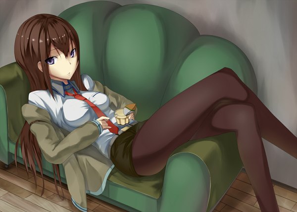 Anime picture 1195x854 with steins;gate white fox makise kurisu ogadenmon (artist) single long hair brown hair purple eyes lying girl pantyhose necktie shorts couch spoon