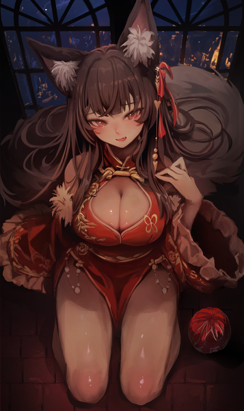 Anime picture 2500x4200 with original zerocat single long hair tall image looking at viewer fringe highres breasts open mouth light erotic red eyes brown hair large breasts sitting bare shoulders animal ears cleavage indoors tail