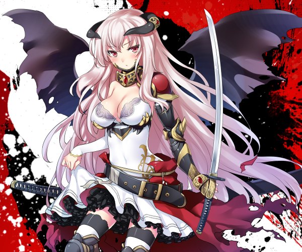 Anime picture 1200x1000 with original 47agdragon single long hair looking at viewer blush fringe breasts red eyes large breasts standing bare shoulders holding pink hair bent knee (knees) horn (horns) torn clothes black wings bat wings girl