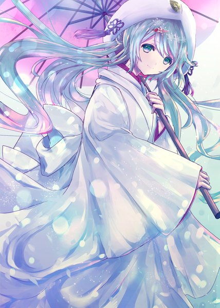 Anime picture 1485x2080 with vocaloid hatsune miku yuki miku yuki miku (2013) alicetype single long hair tall image looking at viewer fringe blue eyes smile standing twintails holding blue hair long sleeves traditional clothes japanese clothes wide sleeves