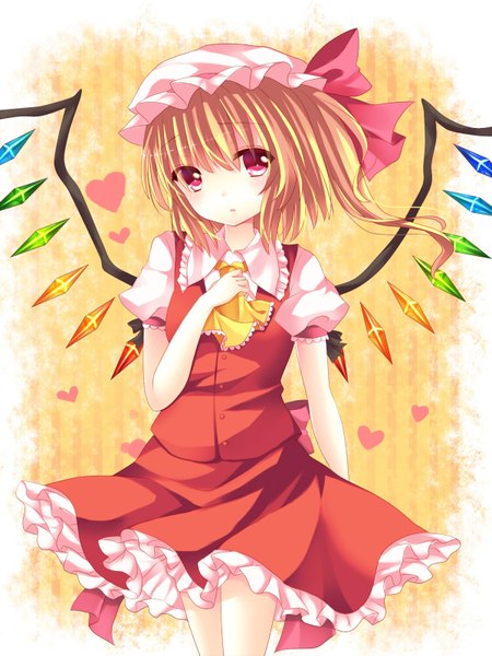 Anime picture 1200x1600 with touhou flandre scarlet ikeda hazuki single tall image short hair blonde hair red eyes one side up girl dress skirt wings heart bonnet skirt set crystal