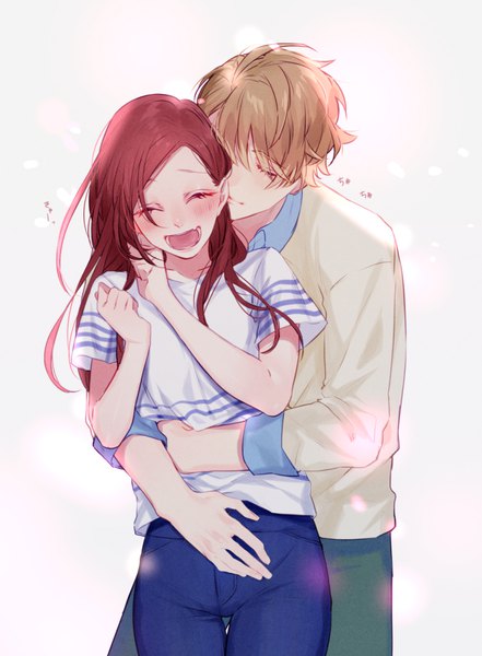 Anime picture 903x1229 with a3! tachibana izumi (a3!) chigasaki itaru artwele long hair tall image blush short hair open mouth simple background brown hair red hair eyes closed couple hug hug from behind girl boy t-shirt