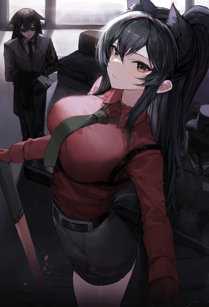 Anime picture 2392x3508 with arknights texas (arknights) texas (willpower) (arknights) the emperor (arknights) molyb long hair tall image looking at viewer blush fringe highres breasts black hair hair between eyes large breasts standing brown eyes animal ears payot ponytail