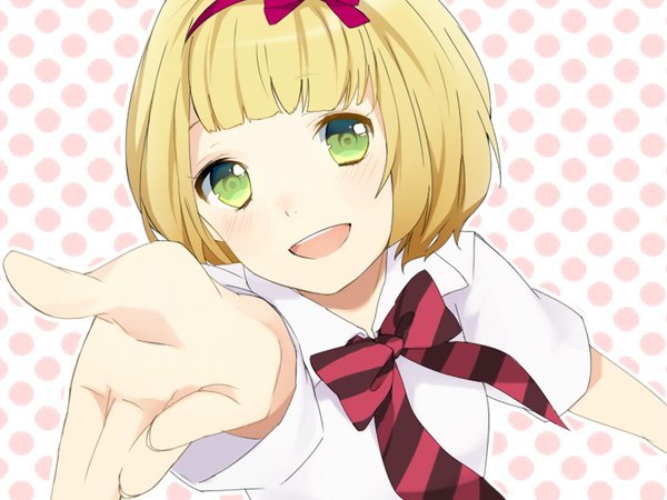 Anime picture 1024x768 with ao no exorcist a-1 pictures moriyama shiemi single blush short hair open mouth simple background blonde hair smile green eyes polka dot polka dot background girl shirt bowtie