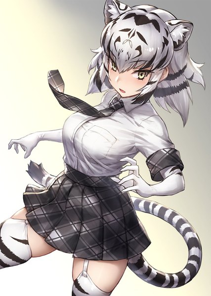 Anime picture 800x1125 with kemono friends white tiger (kemono friends) guchico single tall image fringe short hair simple background hair between eyes animal ears yellow eyes silver hair tail animal tail pleated skirt multicolored hair two-tone hair plaid skirt animal print tiger ears