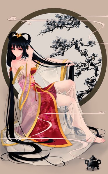 Anime picture 1854x3000 with vocaloid okingjo single tall image looking at viewer highres blue eyes black hair very long hair traditional clothes chinese clothes girl hair ornament chinese dress