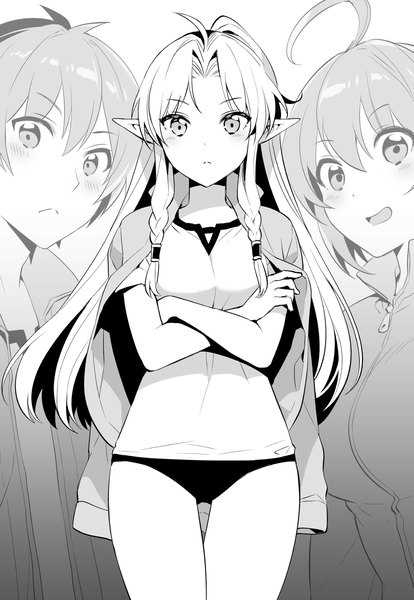 Anime picture 1326x1920 with isekai cheat magician miyura (isekai cheat magician) azuma rin (isekai cheat magician) nishimura taichi nardack long hair tall image looking at viewer blush fringe short hair breasts open mouth light erotic hair between eyes standing multiple girls ahoge braid (braids) pointy ears