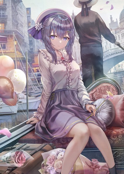 Anime picture 1200x1691 with genshin impact keqing (genshin impact) torino aqua long hair tall image looking at viewer fringe hair between eyes standing sitting purple eyes holding purple hair outdoors braid (braids) long sleeves fingernails from behind blurry arm support