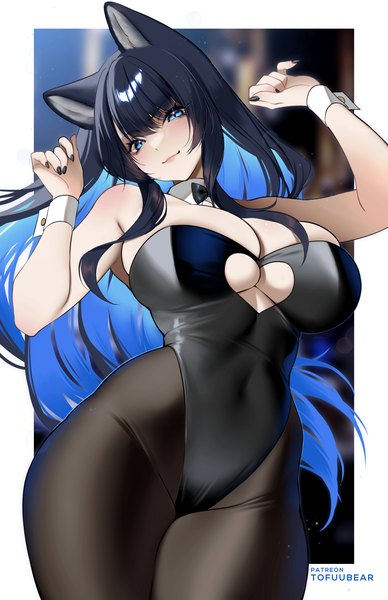 Anime picture 3850x5950 with original reiko (tofuubear) tofuubear single long hair tall image looking at viewer fringe highres breasts blue eyes light erotic black hair smile hair between eyes standing signed animal ears absurdres nail polish