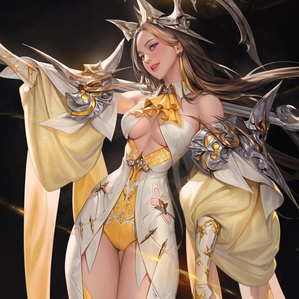 Anime picture 3840x3840 with original taekwon kim single long hair looking at viewer highres breasts blue eyes light erotic brown hair bare shoulders absurdres parted lips head tilt light smile realistic lipstick thigh gap underboob cleavage cutout