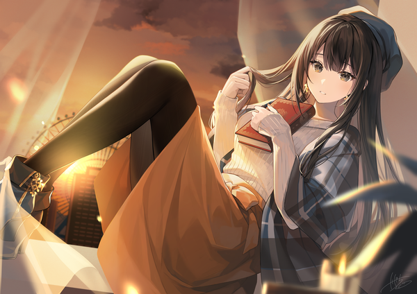 Anime picture 3000x2121 with original kagachi saku single long hair looking at viewer fringe highres brown hair sitting signed sky bent knee (knees) long sleeves parted lips black eyes evening sleeves past wrists sunset plaid playing with hair